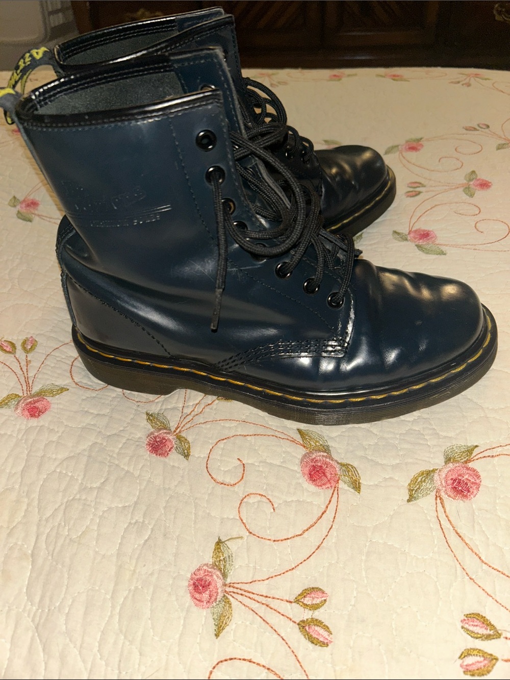 Dr. Martens Women's black Lace-Up Combat Boots with Yellow Stitching